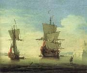 Monamy, Peter A fifty gun two-decker,at sea near a coast Spain oil painting artist